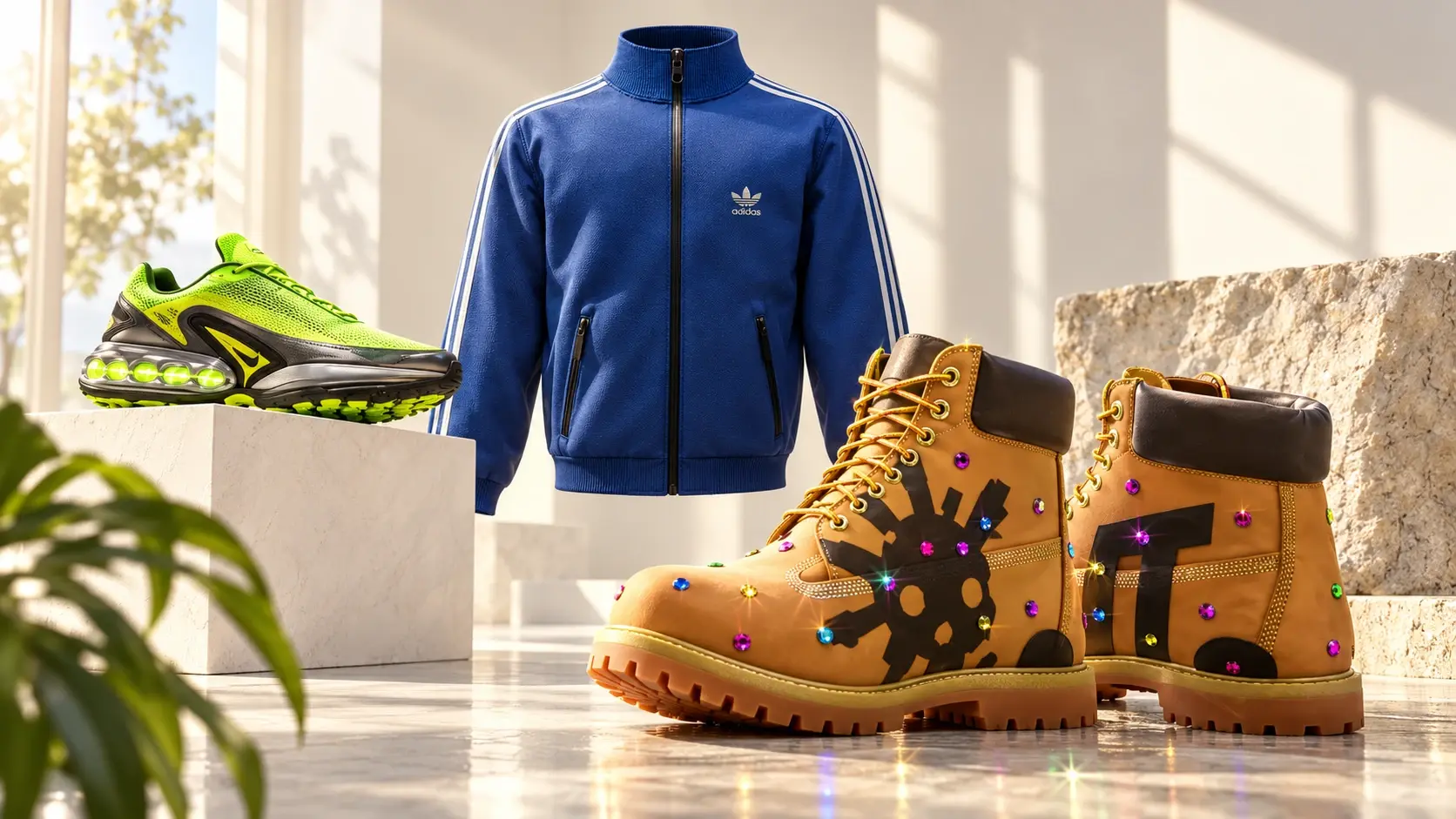 Création visuelle Eye-D Studio avec veste Adidas, chaussures Nike et bottes Timberland
