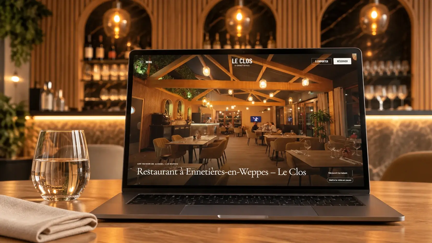 Site web du restaurant Le Clos présenté sur un ordinateur portable dans une salle chaleureuse