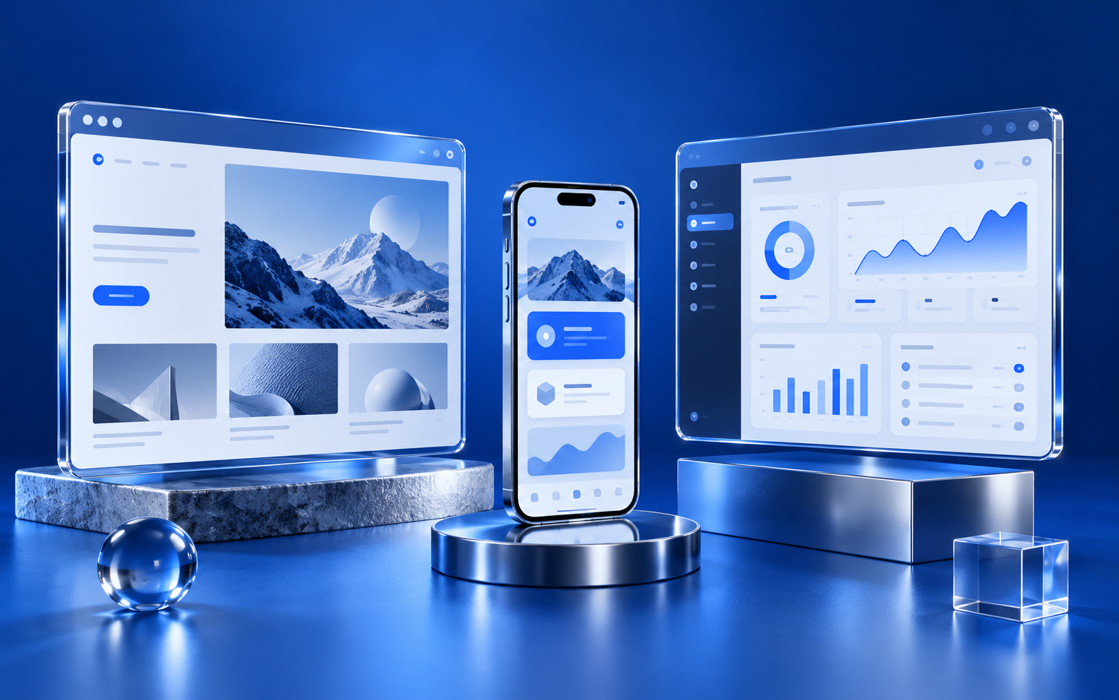 Interfaces de site web, d’application mobile et de tableau de bord SaaS en verre et bleu